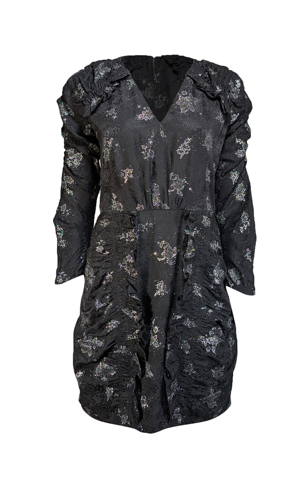 Rebecca Taylor - Black w/ Silver Floral Glitter Print Silk Jacquard Dress Sz 8 - Current Boutique