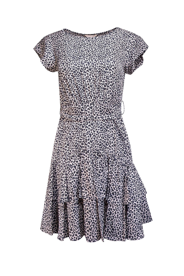 Rebecca Taylor - Light Pink & Black Leopard Print Cap Sleeve Dress Sz 0 - Current Boutique