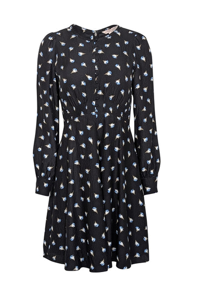Current Boutique-Rebecca Taylor - Black w/ Blue Floral Silk Long Sleeve Mini Dress Sz 2
