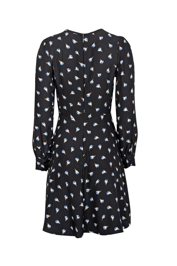 Current Boutique-Rebecca Taylor - Black w/ Blue Floral Silk Long Sleeve Mini Dress Sz 2