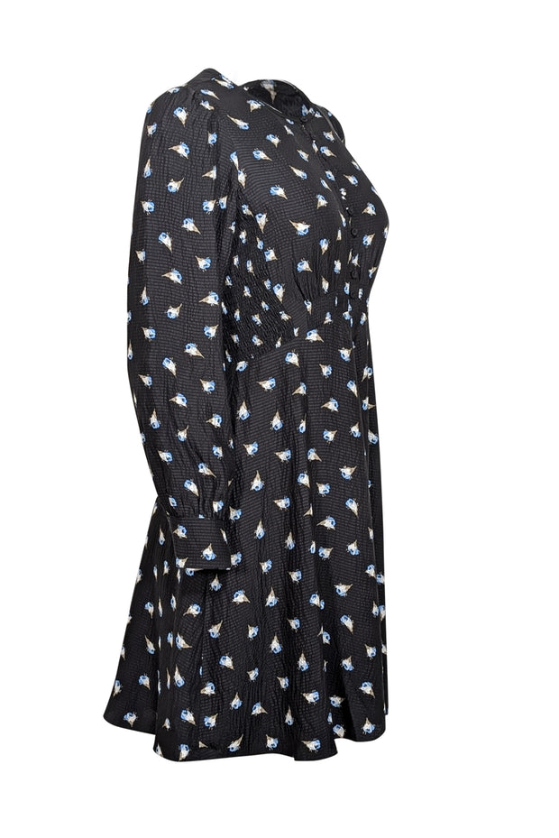 Current Boutique-Rebecca Taylor - Black w/ Blue Floral Silk Long Sleeve Mini Dress Sz 2