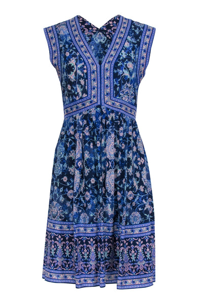Current Boutique-Rebecca Taylor - Blue Sleeveless Knee Length Multi-Floral Print Dress Sz 2