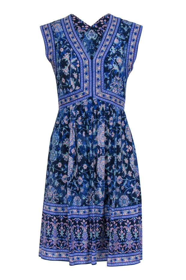 Current Boutique-Rebecca Taylor - Blue Sleeveless Knee Length Multi-Floral Print Dress Sz 2