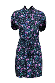 Current Boutique-Rebecca Taylor - Blue, Black & Purple Floral Print Pleated Shift Dress Sz 4