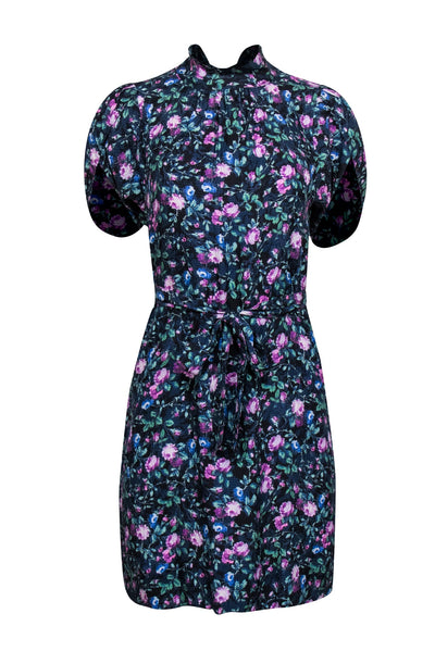 Current Boutique-Rebecca Taylor - Blue, Black & Purple Floral Print Pleated Shift Dress Sz 4