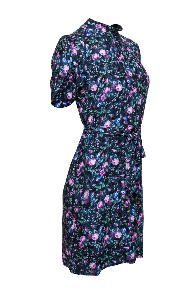 Current Boutique-Rebecca Taylor - Blue, Black & Purple Floral Print Pleated Shift Dress Sz 4