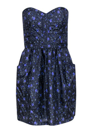 Current Boutique-Rebecca Taylor - Grey & Purple Floral Print Quilted Silk Dress Sz 6