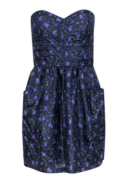 Current Boutique-Rebecca Taylor - Grey & Purple Floral Print Quilted Silk Dress Sz 6
