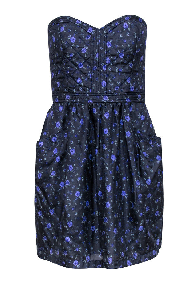 Current Boutique-Rebecca Taylor - Grey & Purple Floral Print Quilted Silk Dress Sz 6