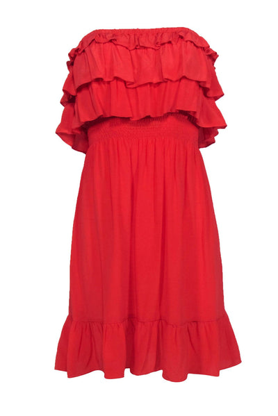 Current Boutique-Rebecca Taylor - Deep Coral Silk Ruffle Strapless Dress w/ Smocked Waistband Sz 8