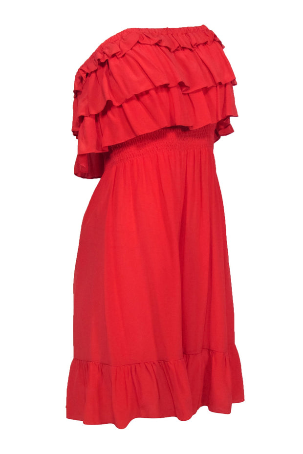 Current Boutique-Rebecca Taylor - Deep Coral Silk Ruffle Strapless Dress w/ Smocked Waistband Sz 8