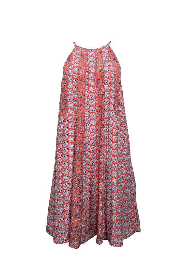 Current Boutique-Rebecca Taylor - Coral, Red, & Blue Floral Print Silk Cami Dress Sz 8