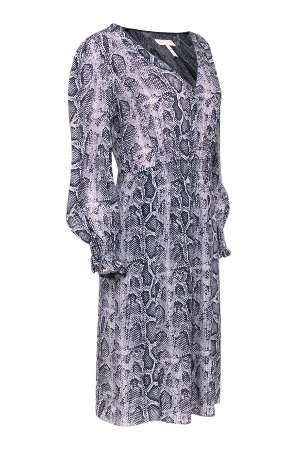 Current Boutique-Rebecca Taylor - Light Grey & Navy Snakeskin Print Silk Dress Sz 8