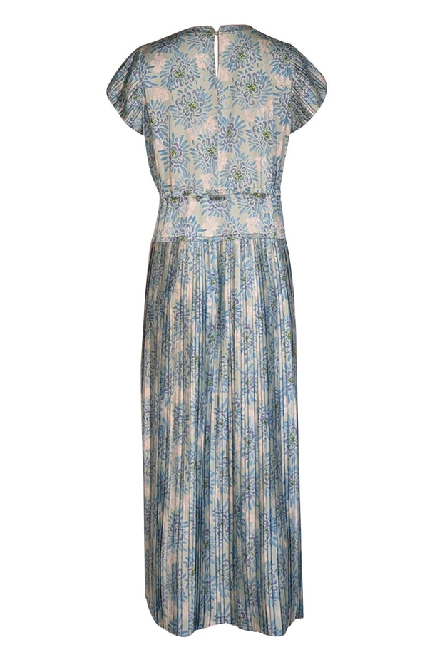 Rebecca Taylor - Light Blue & Green Floral Print Drawstring Maxi Dress Sz L - Current Boutique