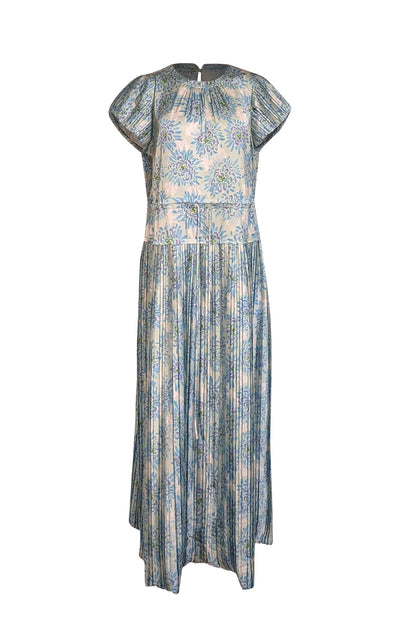 Rebecca Taylor - Light Blue & Green Floral Print Drawstring Maxi Dress Sz L - Current Boutique
