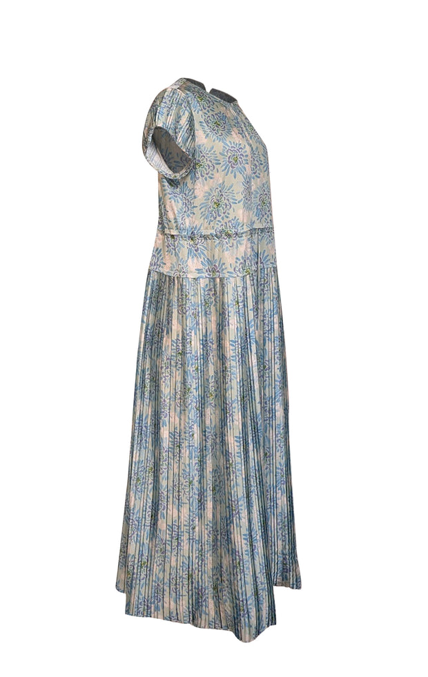 Rebecca Taylor - Light Blue & Green Floral Print Drawstring Maxi Dress Sz L - Current Boutique