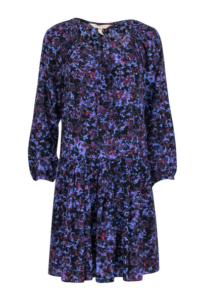 Current Boutique-Rebecca Taylor - Navy & Purple Floral Print Petal Sleeve Silk Dress Sz 0