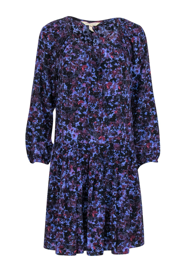 Current Boutique-Rebecca Taylor - Navy & Purple Floral Print Petal Sleeve Silk Dress Sz 0