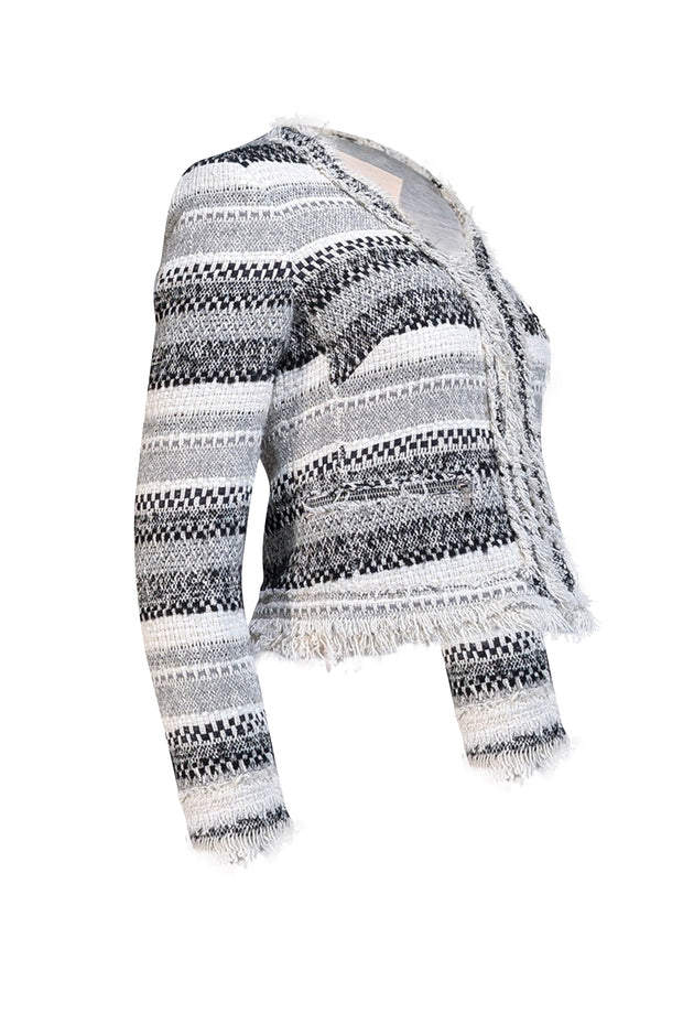 Rebecca Taylor - Cream, Grey, & Black Tweed Fringe Trim Jacket Sz 4 - Current Boutique