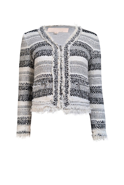 Rebecca Taylor - Cream, Grey, & Black Tweed Fringe Trim Jacket Sz 4 - Current Boutique