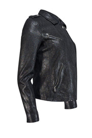 Rebecca Taylor - Black Metallic Coated Leather Moto Jacket Sz 4 - Current Boutique