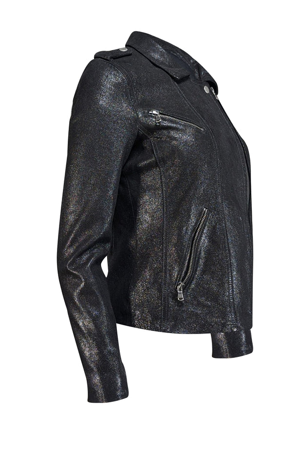 Rebecca Taylor - Black Metallic Coated Leather Moto Jacket Sz 4 - Current Boutique