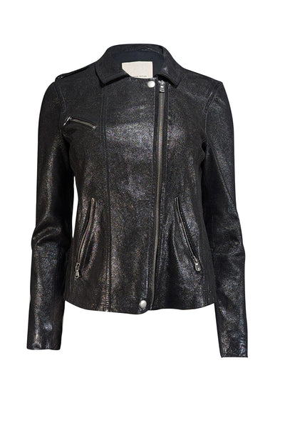 Rebecca Taylor - Black Metallic Coated Leather Moto Jacket Sz 4 - Current Boutique