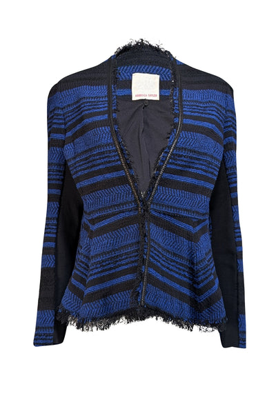 Rebecca Taylor - Blue & Black Tweed Peplum Jacket w/ Fringe Trim Sz 10 - Current Boutique