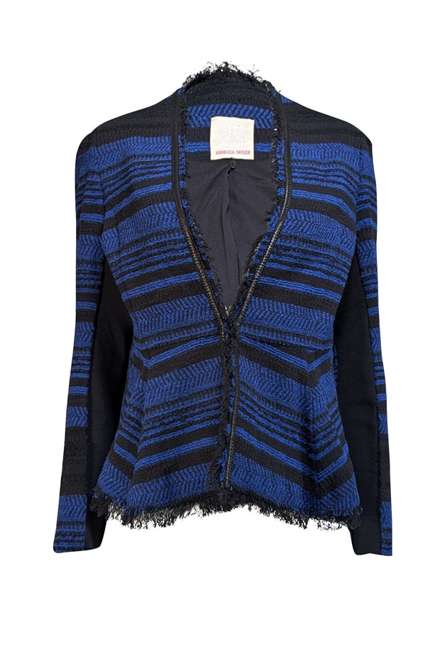 Rebecca Taylor - Blue & Black Tweed Peplum Jacket w/ Fringe Trim Sz 10 - Current Boutique