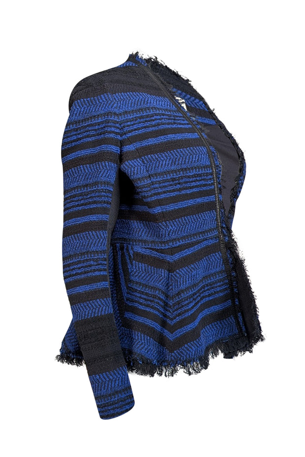 Rebecca Taylor - Blue & Black Tweed Peplum Jacket w/ Fringe Trim Sz 10 - Current Boutique