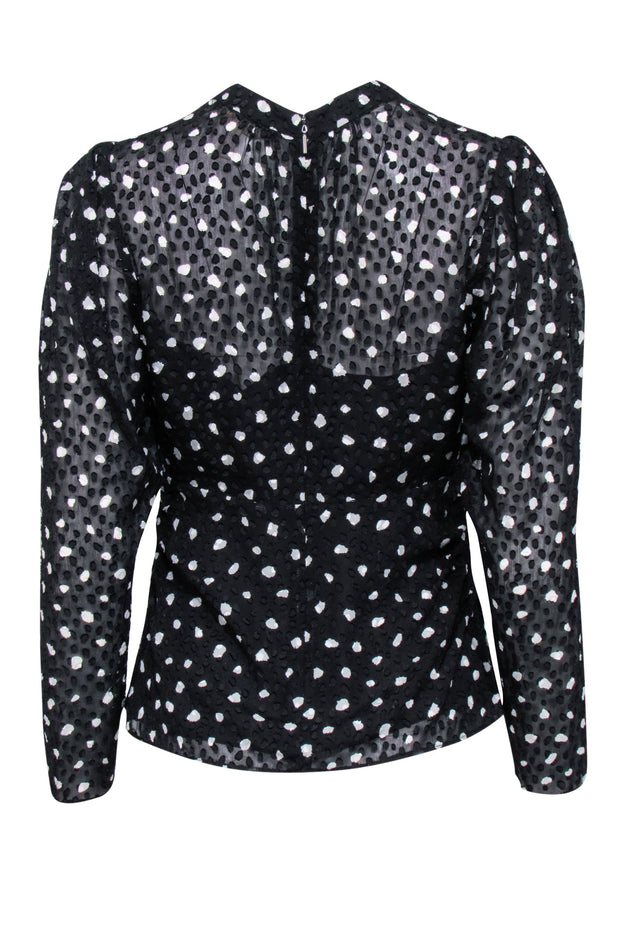 Current Boutique-Rebecca Taylor - Black & White Textured Polka Dot Long Sleeve Ruched Blouse Sz 2