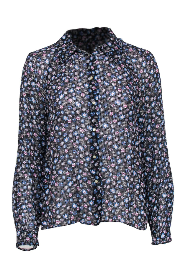 Current Boutique-Rebecca Taylor - Black & Blue Floral Print Blouse Sz 4