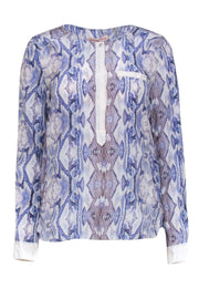 Current Boutique-Rebecca Taylor - Blue & White Snakeskin Print Silk Henley Blouse Sz 4