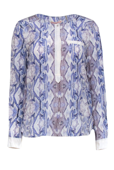 Current Boutique-Rebecca Taylor - Blue & White Snakeskin Print Silk Henley Blouse Sz 4