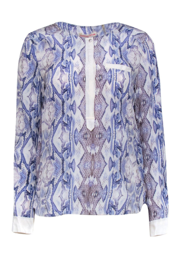 Current Boutique-Rebecca Taylor - Blue & White Snakeskin Print Silk Henley Blouse Sz 4