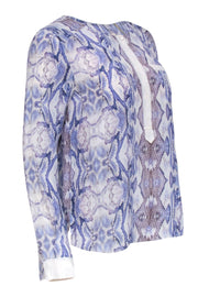 Current Boutique-Rebecca Taylor - Blue & White Snakeskin Print Silk Henley Blouse Sz 4