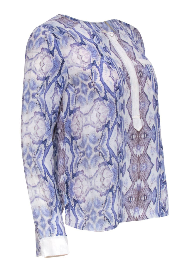 Current Boutique-Rebecca Taylor - Blue & White Snakeskin Print Silk Henley Blouse Sz 4