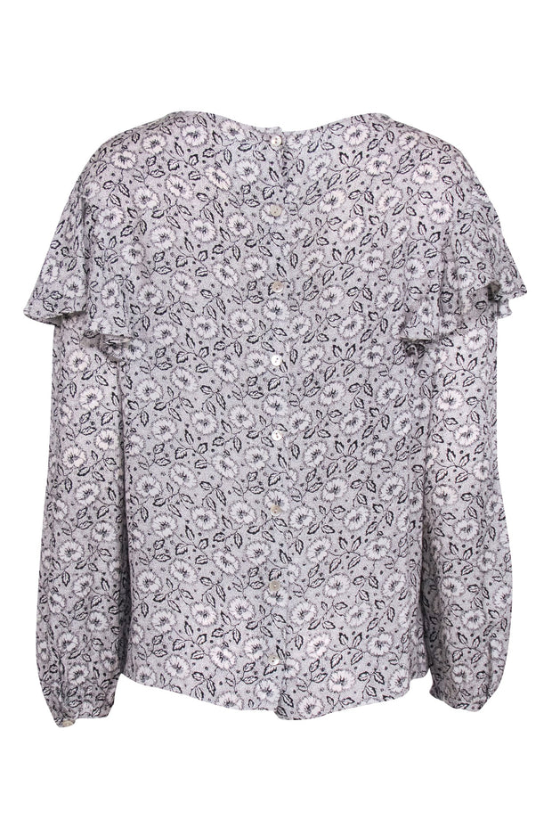 Current Boutique-Rebecca Taylor - Grey, White & Black Floral Print Ruffled Blouse Sz 10