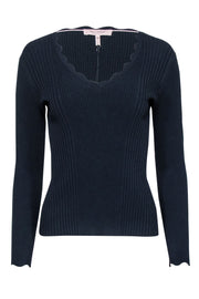 Current Boutique-Rebecca Taylor - Navy Ribbed Knit Scalloped Edge V-neck Top Sz S