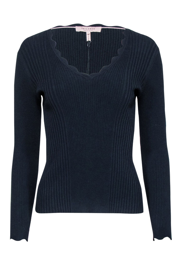 Current Boutique-Rebecca Taylor - Navy Ribbed Knit Scalloped Edge V-neck Top Sz S
