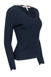 Current Boutique-Rebecca Taylor - Navy Ribbed Knit Scalloped Edge V-neck Top Sz S