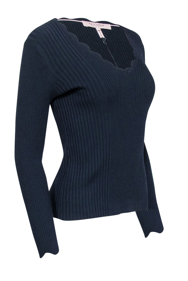 Current Boutique-Rebecca Taylor - Navy Ribbed Knit Scalloped Edge V-neck Top Sz S