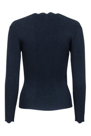 Current Boutique-Rebecca Taylor - Navy Ribbed Knit Scalloped Edge V-neck Top Sz S