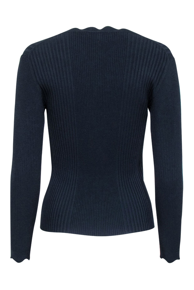 Current Boutique-Rebecca Taylor - Navy Ribbed Knit Scalloped Edge V-neck Top Sz S
