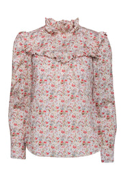 Current Boutique-La Vie Rebecca Taylor - Cream w/ Red & Green Floral Ruffle Neckline Blouse Sz S