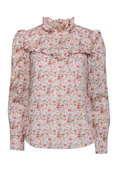 Current Boutique-La Vie Rebecca Taylor - Cream w/ Red & Green Floral Ruffle Neckline Blouse Sz S