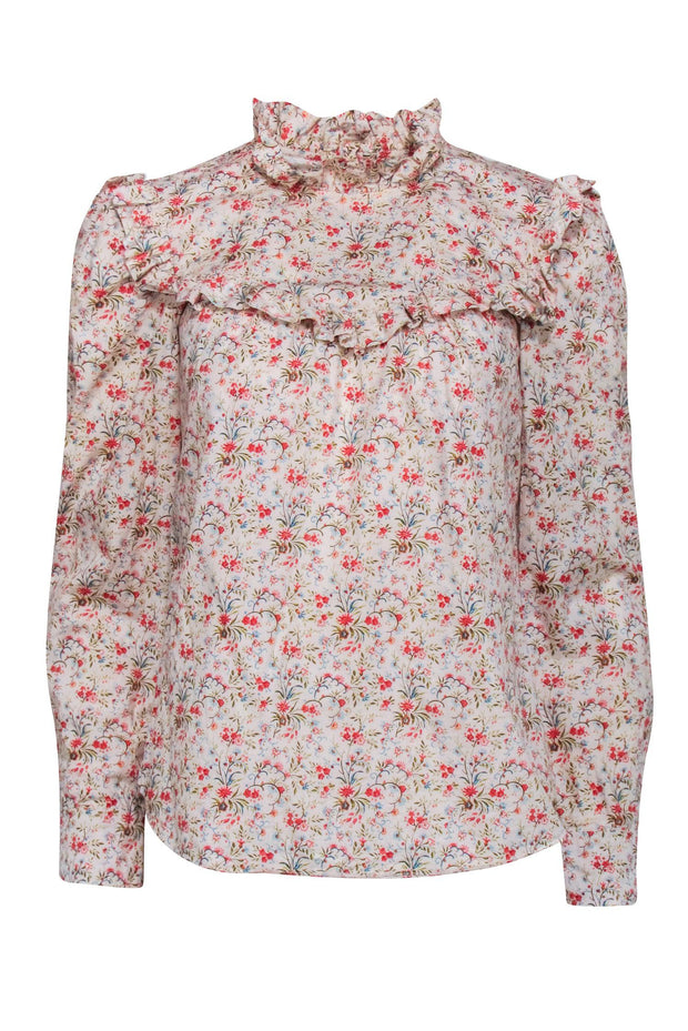 Current Boutique-La Vie Rebecca Taylor - Cream w/ Red & Green Floral Ruffle Neckline Blouse Sz S