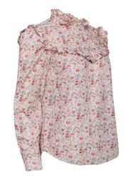 Current Boutique-La Vie Rebecca Taylor - Cream w/ Red & Green Floral Ruffle Neckline Blouse Sz S
