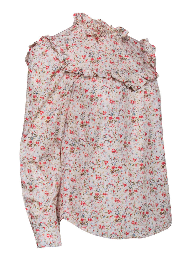 Current Boutique-La Vie Rebecca Taylor - Cream w/ Red & Green Floral Ruffle Neckline Blouse Sz S