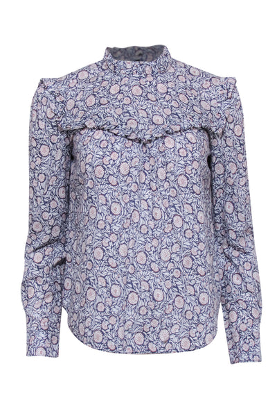 Current Boutique-Rebecca Taylor - Navy & Whit Floral Print Long Sleeve Top Sz XS